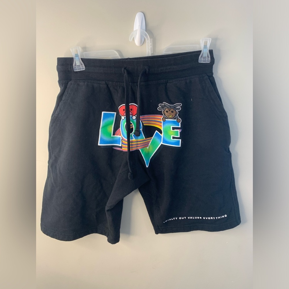 Men’s LOVE Loyalty Out Values Everything shorts size medium with LOVE graphic